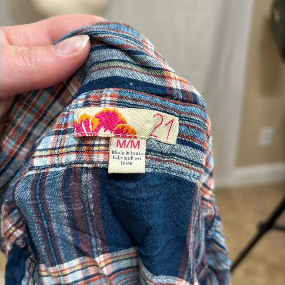 Forever 21 Plaid Button Down Shirt Women’s Medium‎ Blue Orange Lightweight